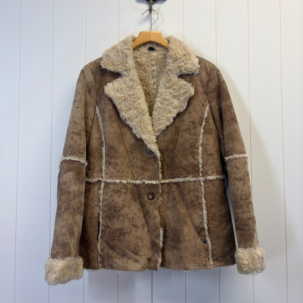 Y2K Boho Penny Lane Leather Faux Fur Lined Jacket Women Large Western Classic